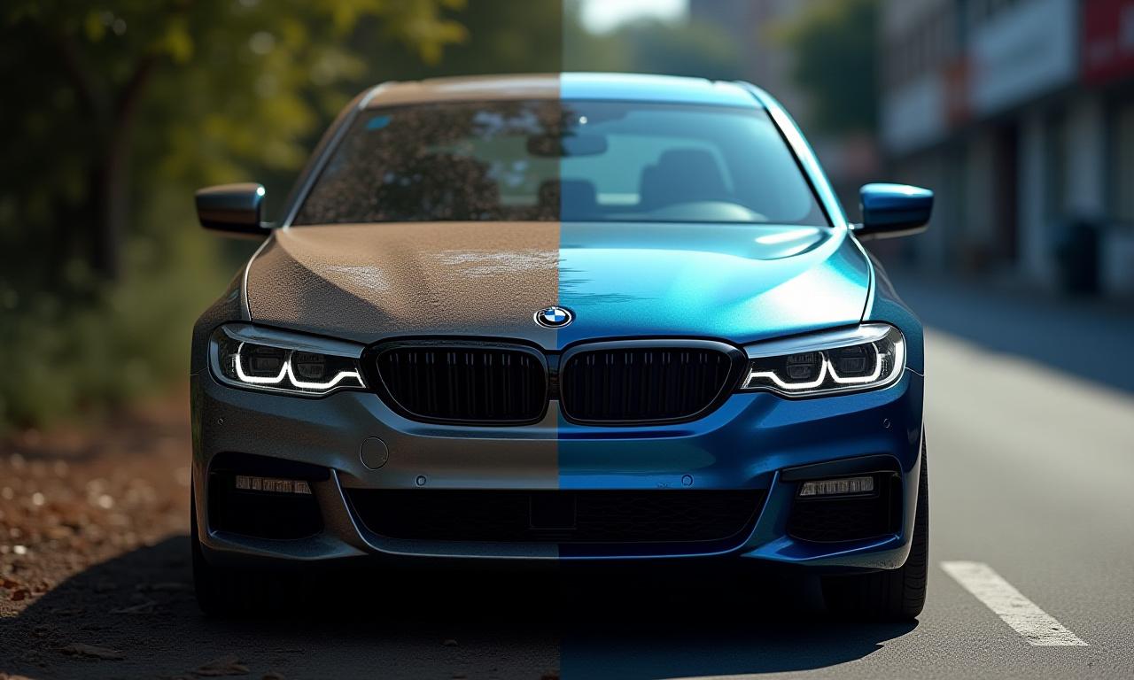 A split image displaying a neglected, dirty car on the left, transformed into a sparkling, polished vehicle on the right after detailing.