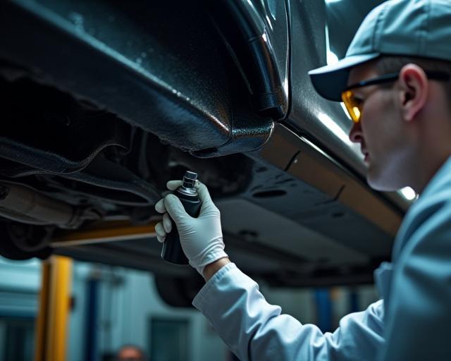 A trained technician applying a protective black coating to the undercarriage of a car on a lift.